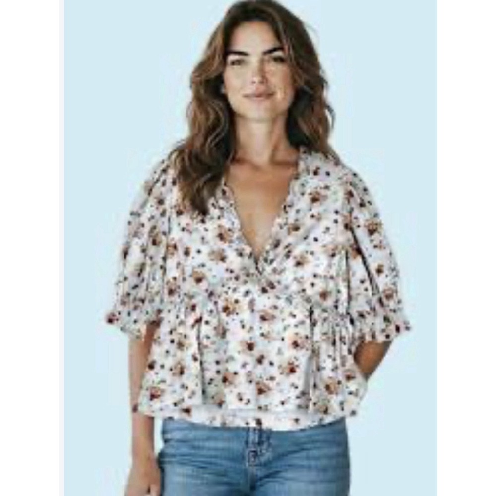 Tuckernuck Hyacinth House Blue Floral Ruffle Rela Blouse Size Medium Babydoll